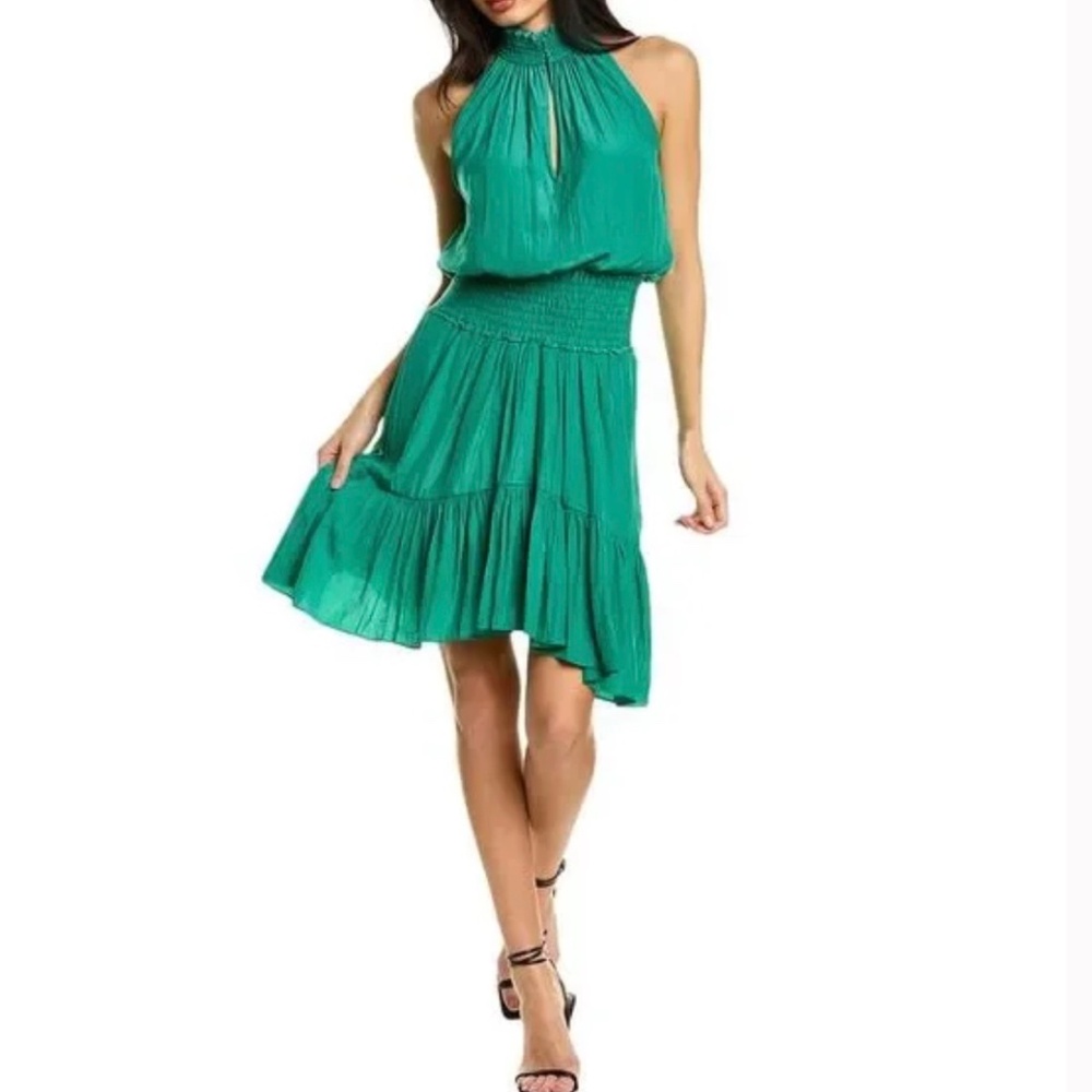 ALC Cody Smocked Blouson Asymmetrical VIRIDIAN Green Sleeveless Mini Dress  4